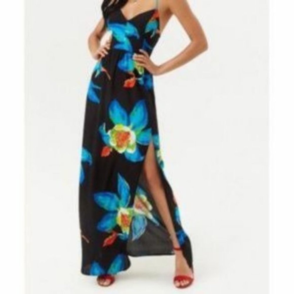 FOREVER 21 CROSSBACK FLORAL BLACK/BLUE MAXI DRESS
